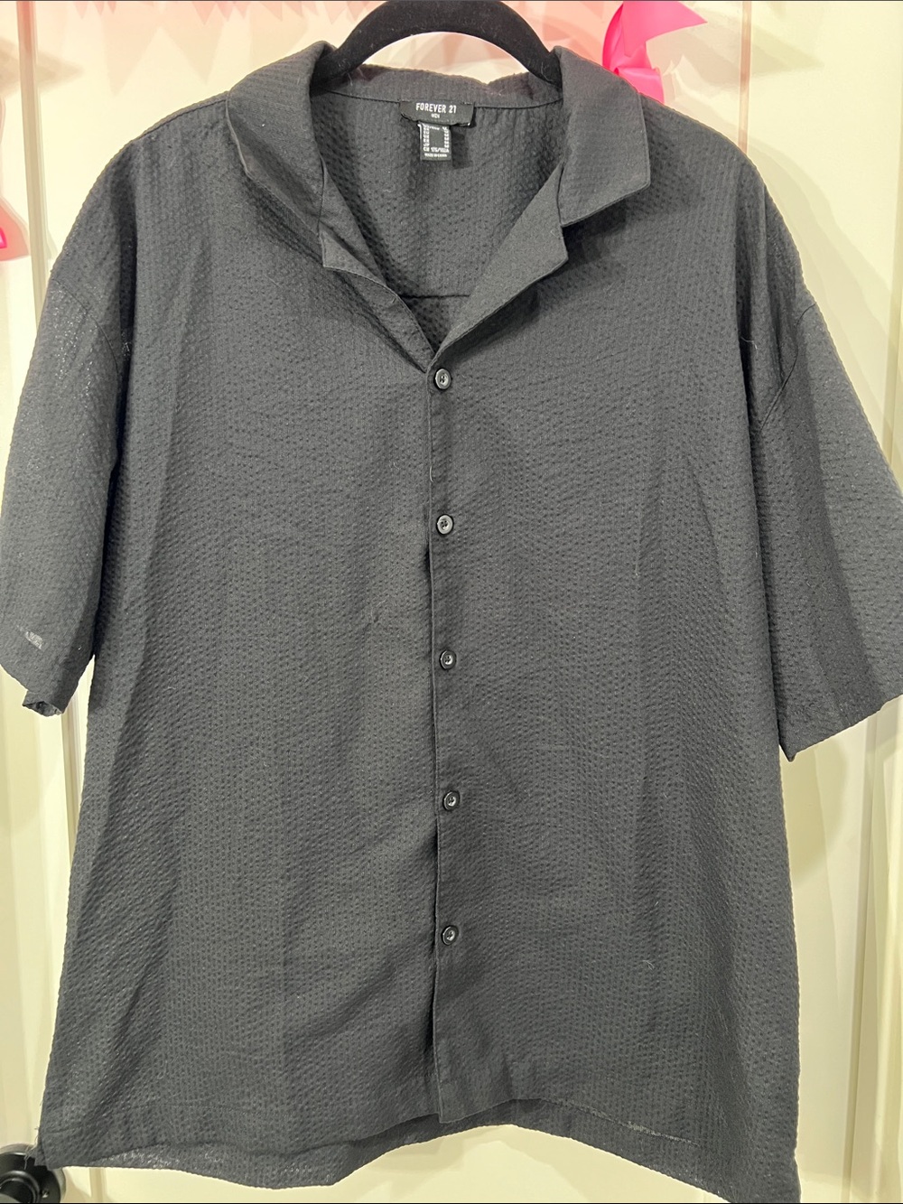 Forever 21 Men's Black Short-Sleeve Textured Button-Down Shirt